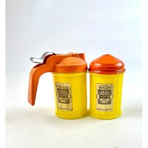 1970s Gemco Pantry Pops Cream or Syrup And Sugar Containers Yellow Orange Glass